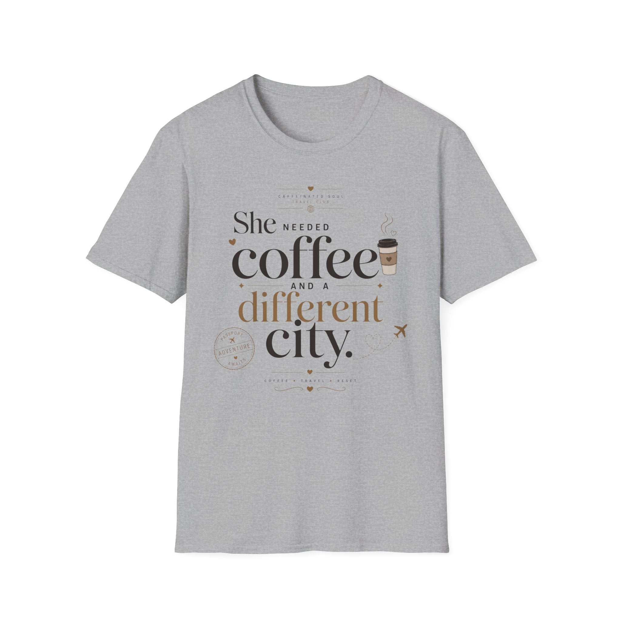 She Needed Coffee and a Different City T-Shirt — Travel Club Tee