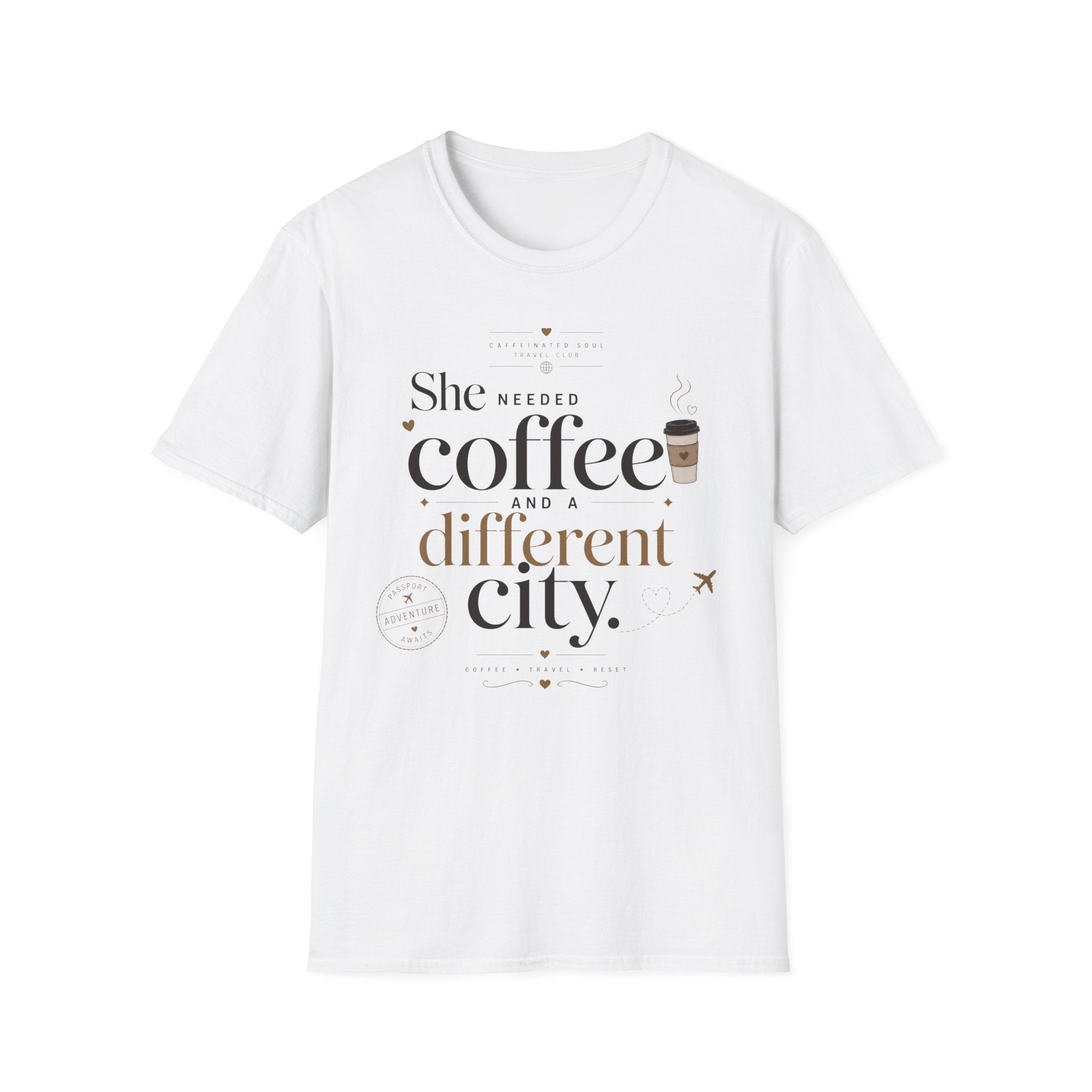 She Needed Coffee and a Different City T-Shirt — Travel Club Tee