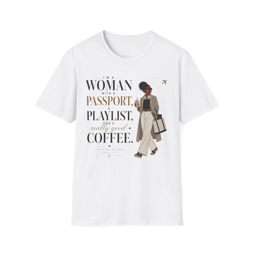 Passport, Playlist & Coffee T-Shirt (Vibes Edition) — Travel Club Tee