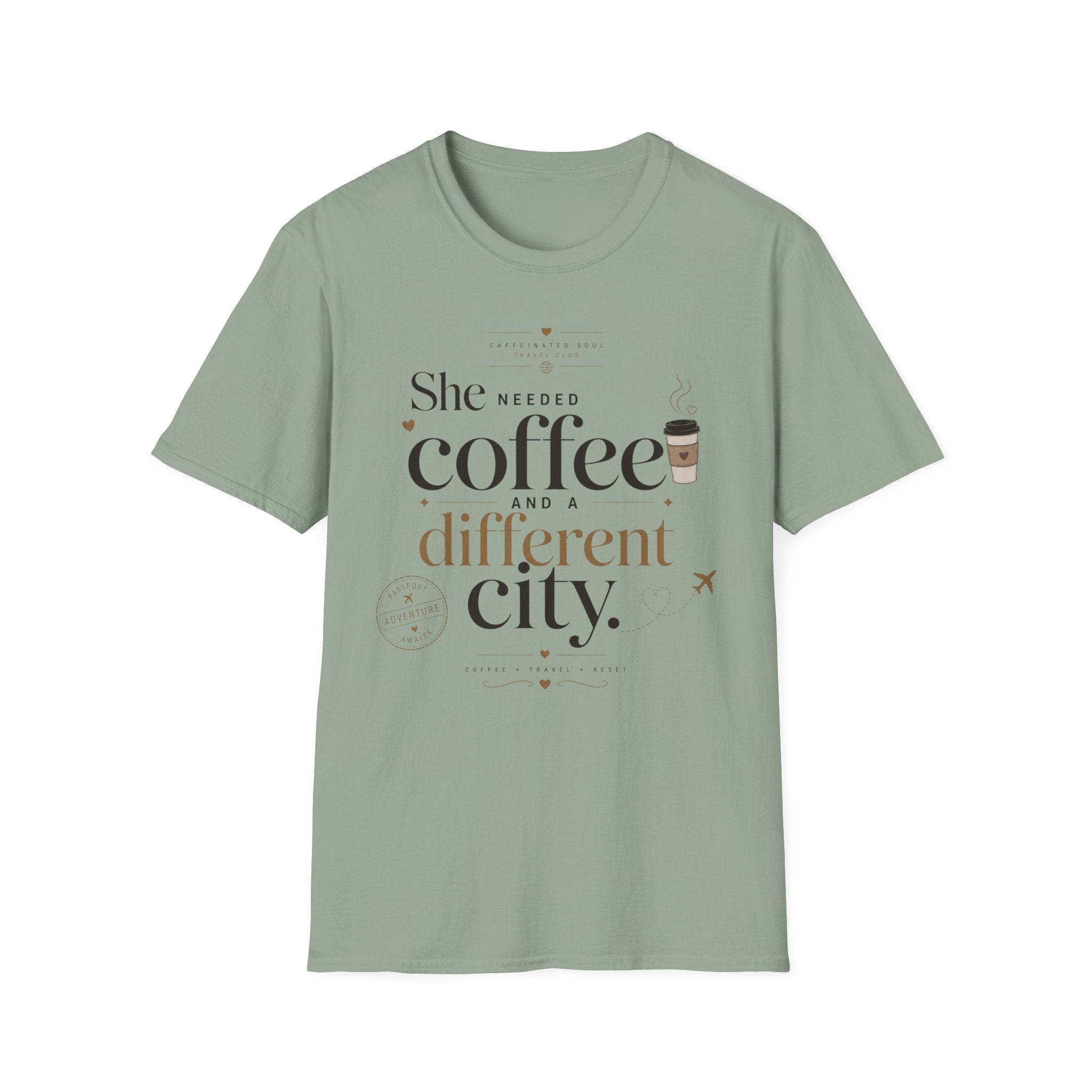 She Needed Coffee and a Different City T-Shirt — Travel Club Tee
