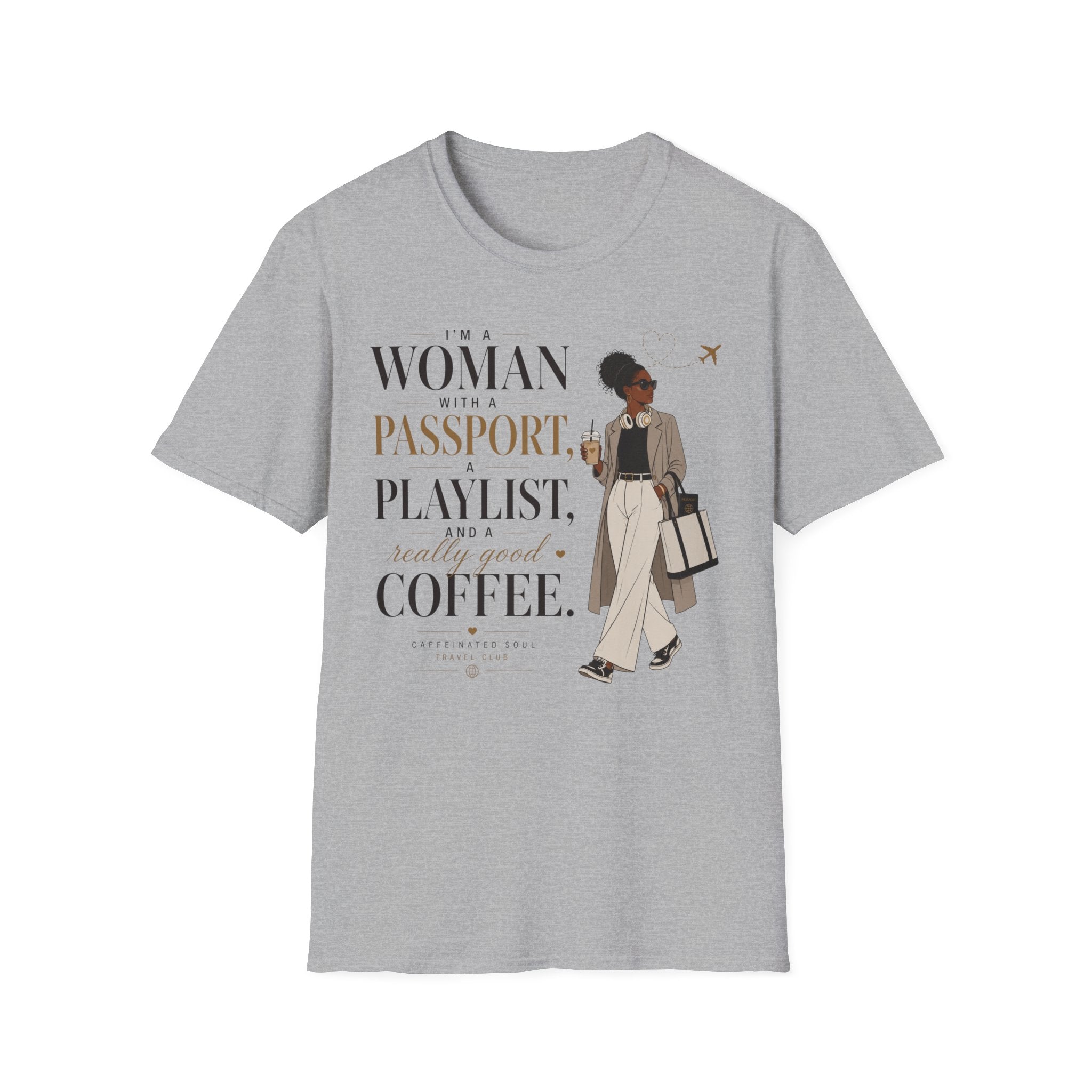 Passport, Playlist & Coffee T-Shirt (Vibes Edition) — Travel Club Tee