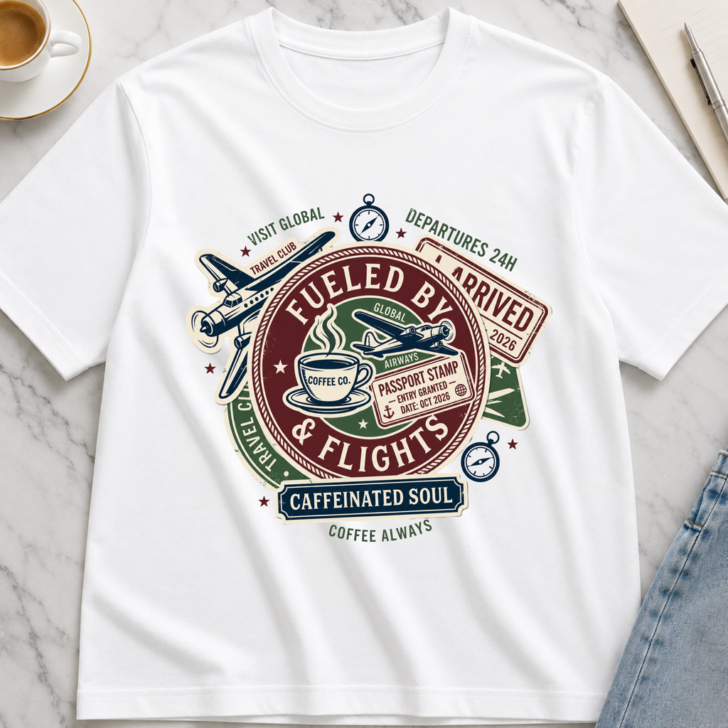Fueled by Coffee & Flights T-Shirt | Coffee Travel Tee