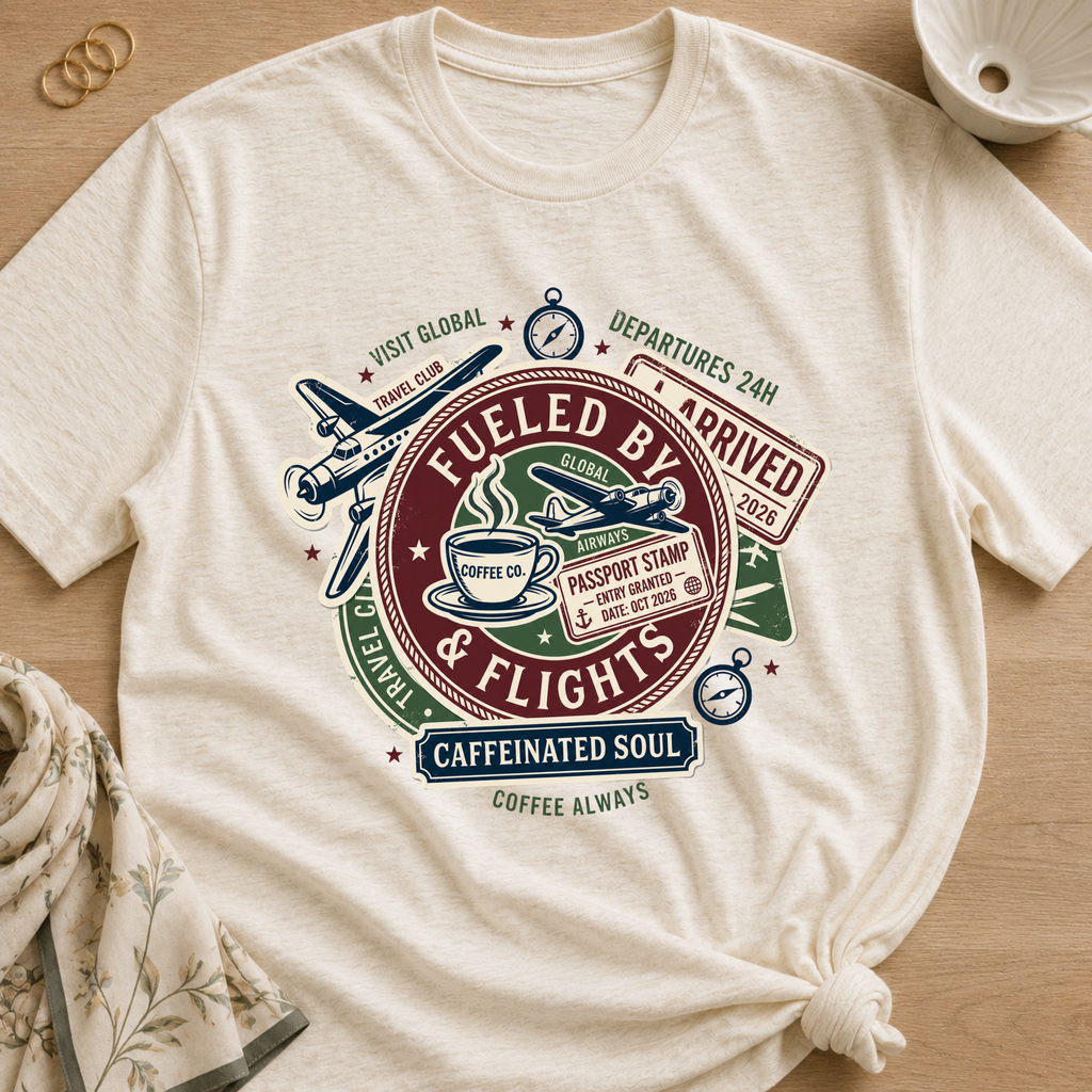 Fueled by Coffee & Flights T-Shirt | Coffee Travel Tee