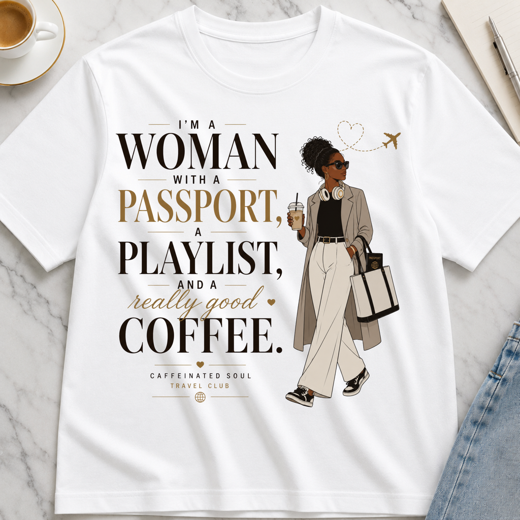 Passport, Playlist & Coffee T-Shirt (Vibes Edition) — Travel Club Tee