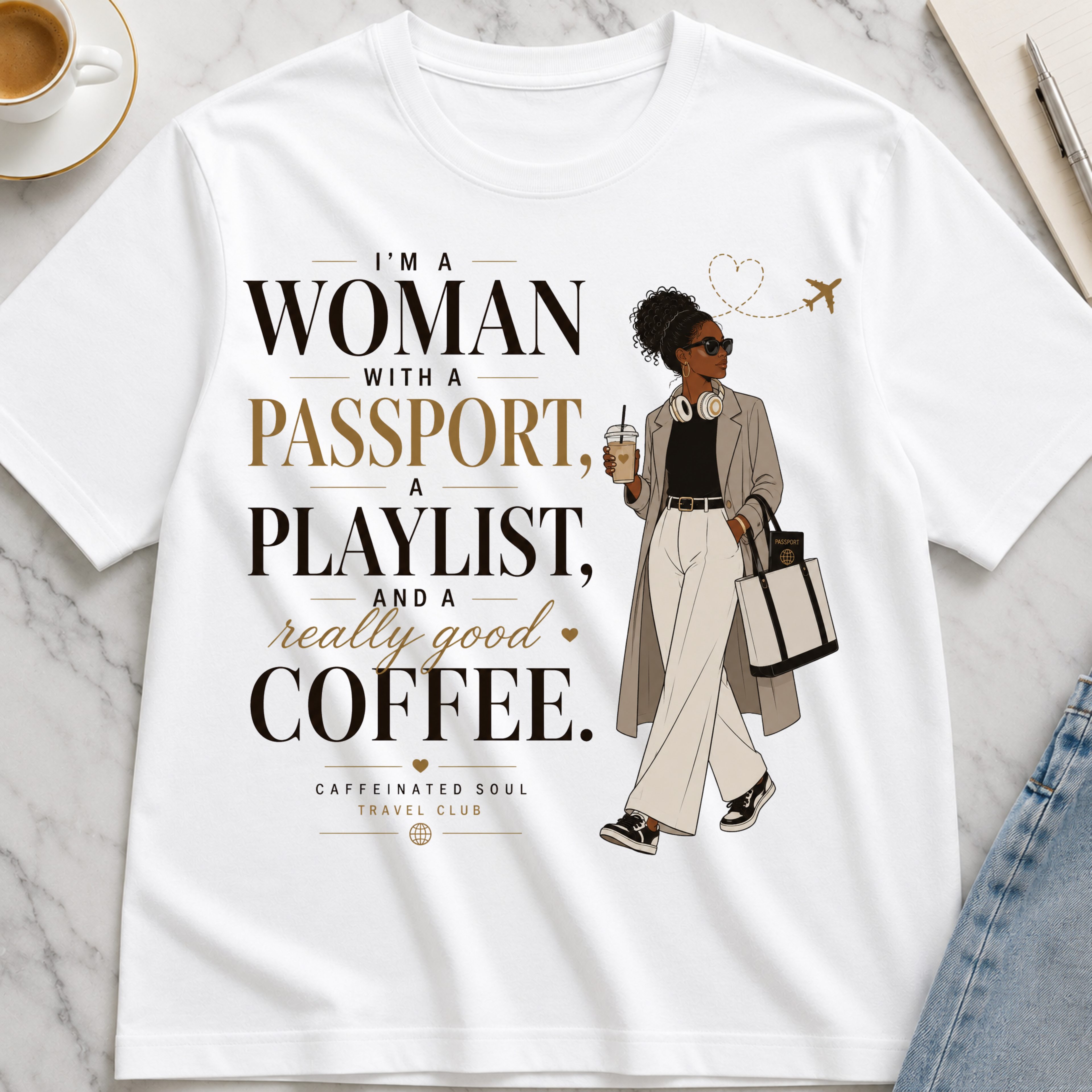 Passport, Playlist & Coffee T-Shirt (Vibes Edition) — Travel Club Tee