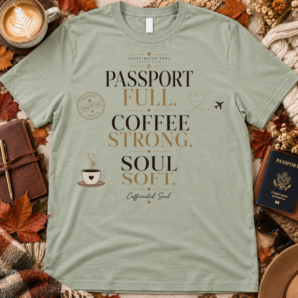 Passport Full, Coffee Strong, Soul Soft T-Shirt — Travel Club Tee